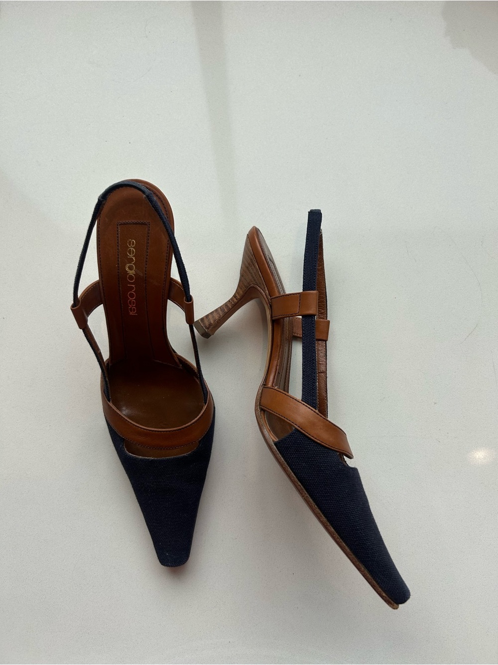 Blue Canvas and Leather Sling back heel - Picture 2 of 5